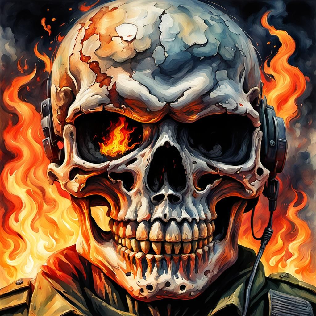 Fiery Soldier Skull: Grotesque Gothic Watercolor Art