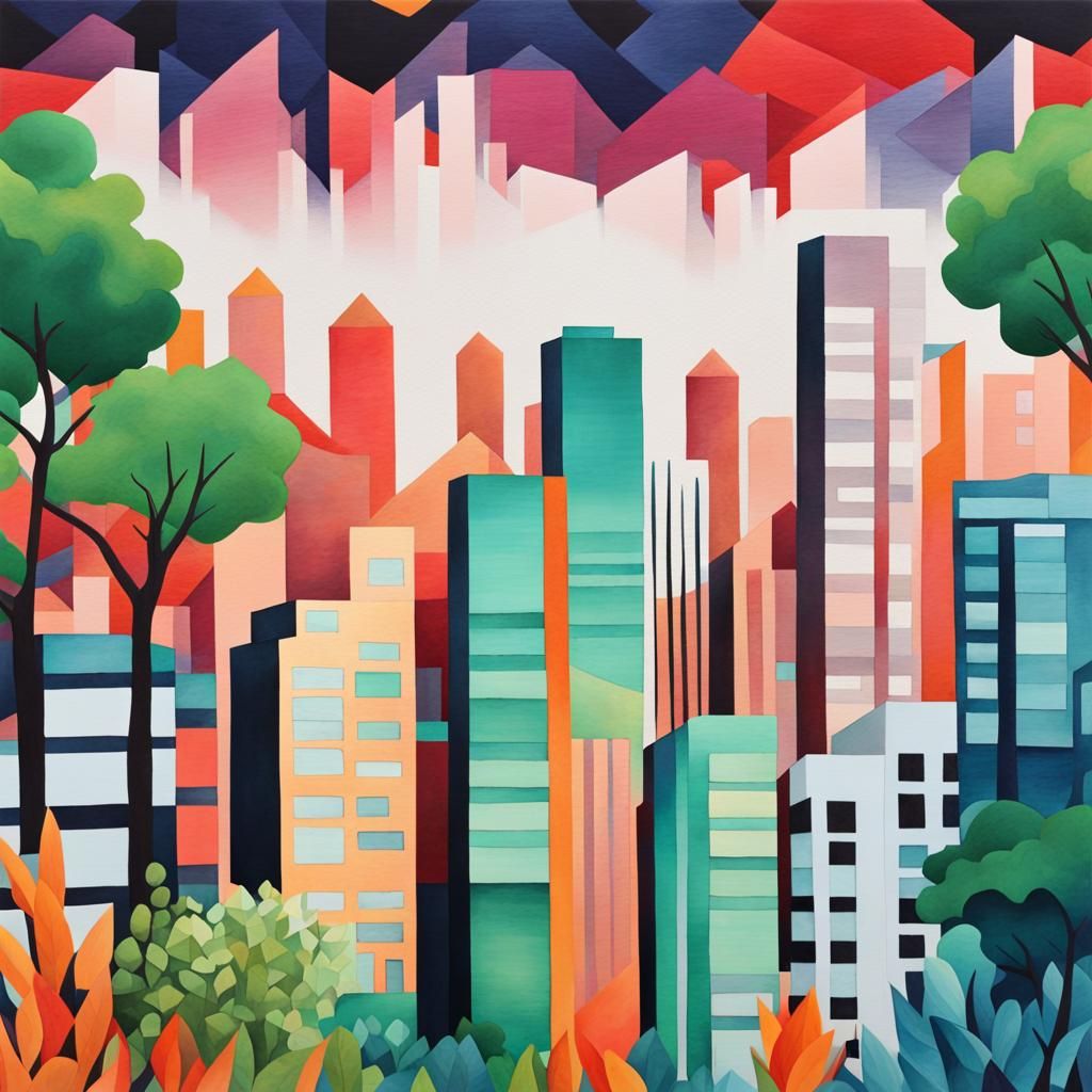 Surreal Cityscape: Gouache and Watercolor Impressionist Fusi...