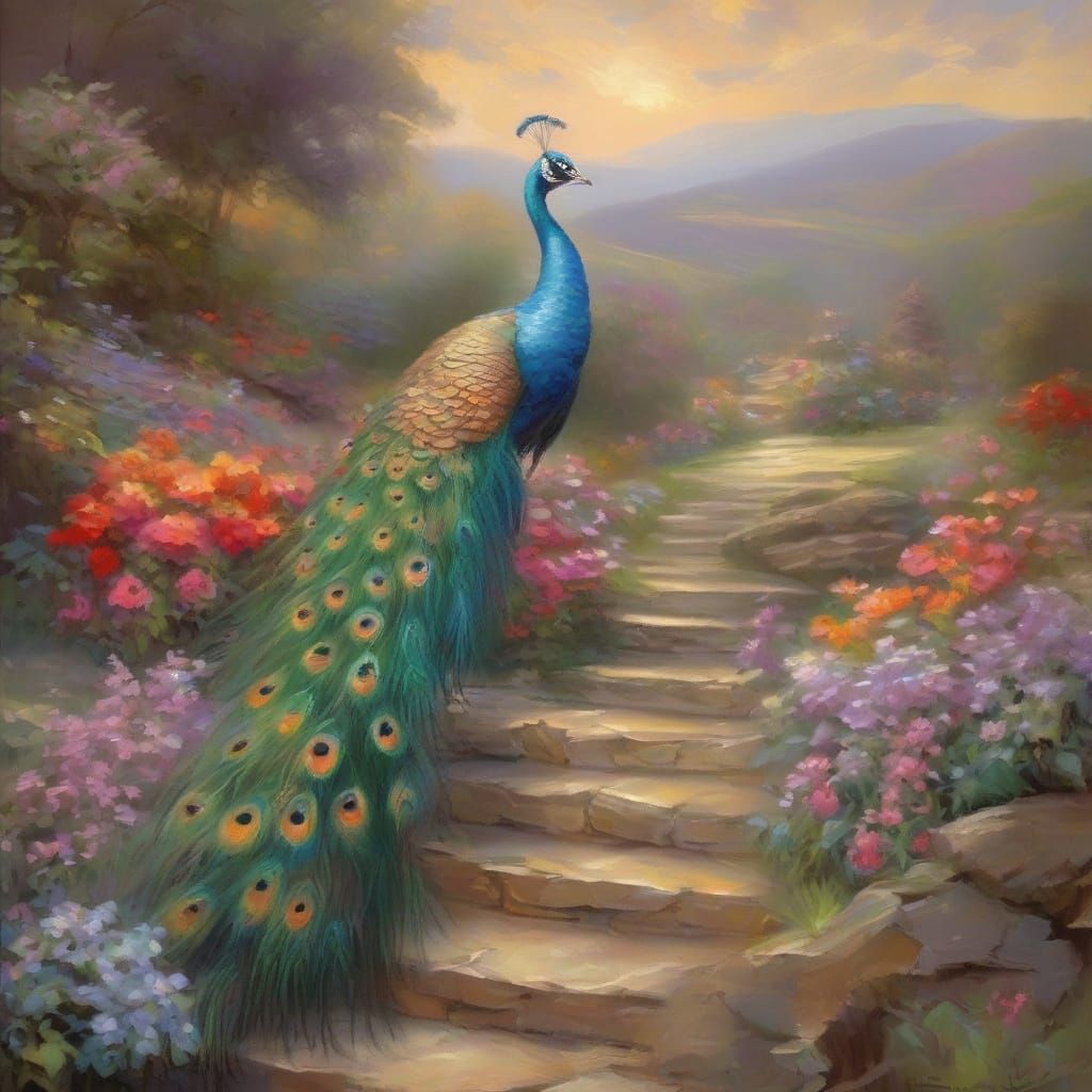 Idyllic Garden with Peacock Steps in Kinkade Style