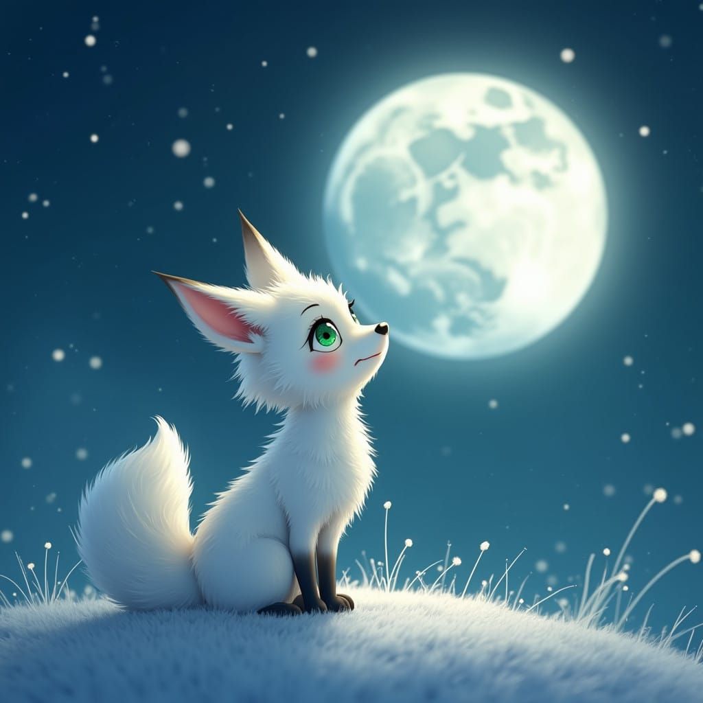 Whimsical Fox Looks Up at Vibrant Full Moon in Anime Art Sty...