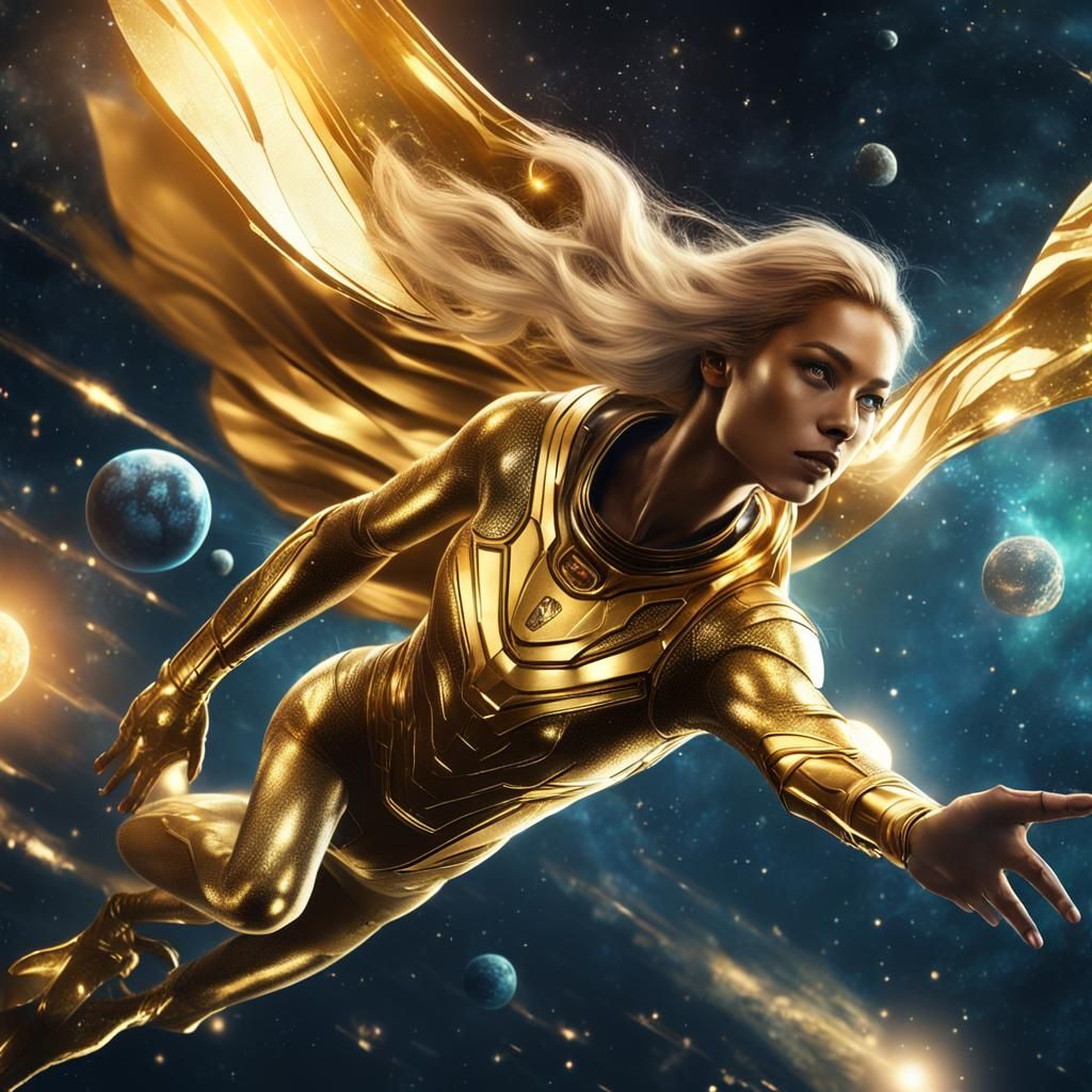 Golden Superhuman Soaring Through Outer Space Concept Art