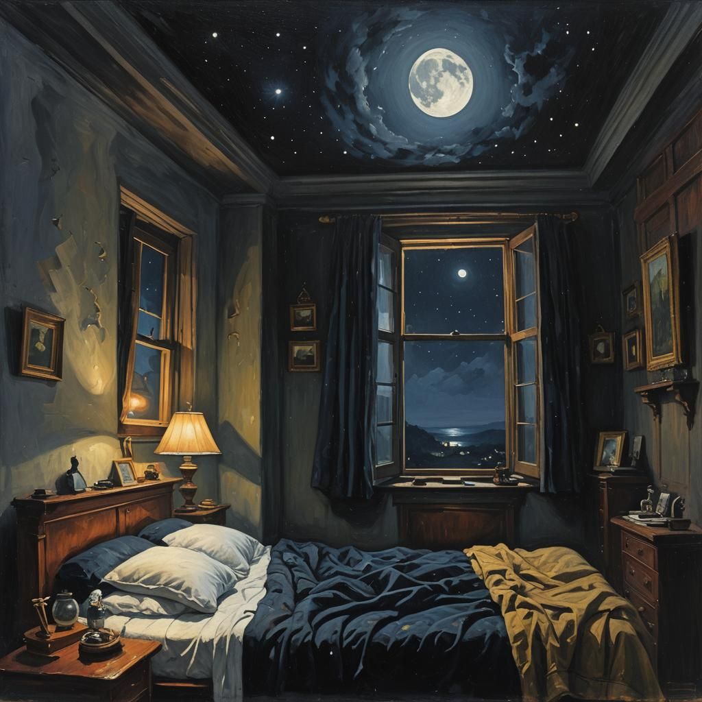 Night Bedroom with Moonlit Window: Oil Painting