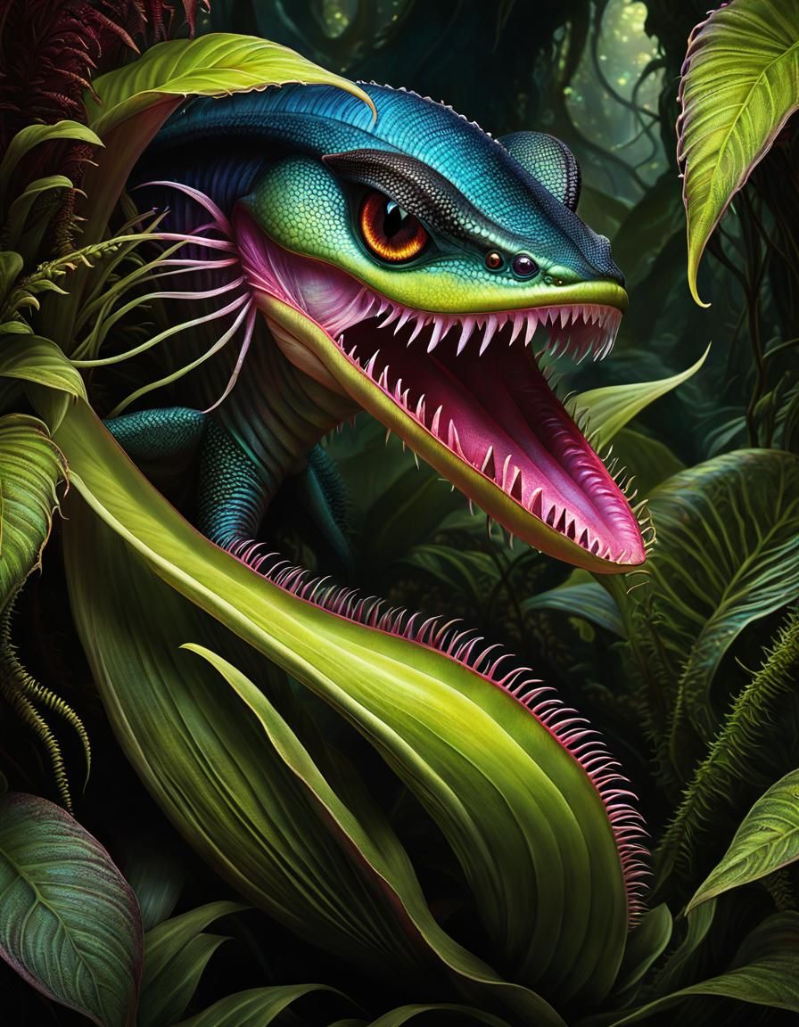 Hyperreal Carnivorous Plant Creature Consuming Insect
