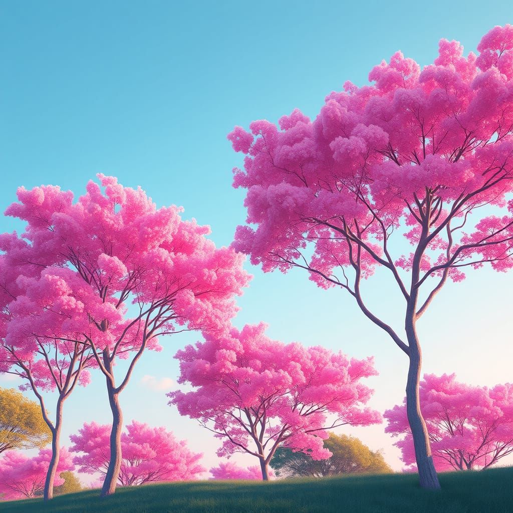 Vibrant Pink Trees with Lush Foliage in Artistic Style