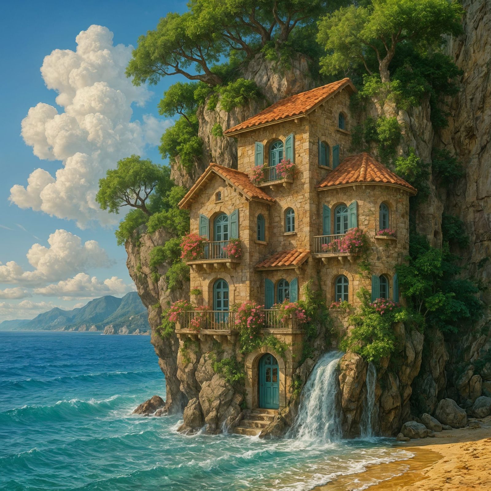 Cliffside Villa with Turquoise Ocean View in Hyperrealism