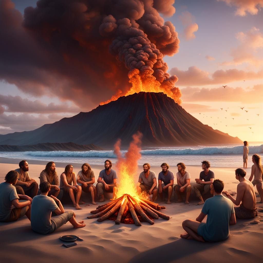 Campfire on Hawaiian Beach with Volcano, Detailed Matte Pain...