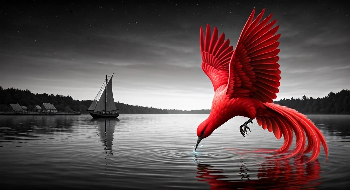 Red Bird Drinks: Black and White River Scene