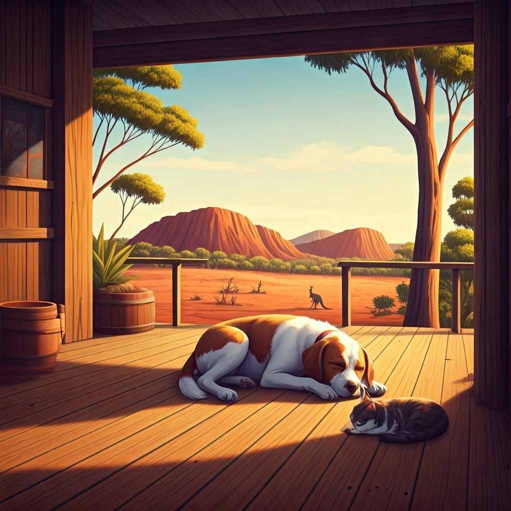 Australian Outback: Dog and Cat Napping in Sunlight