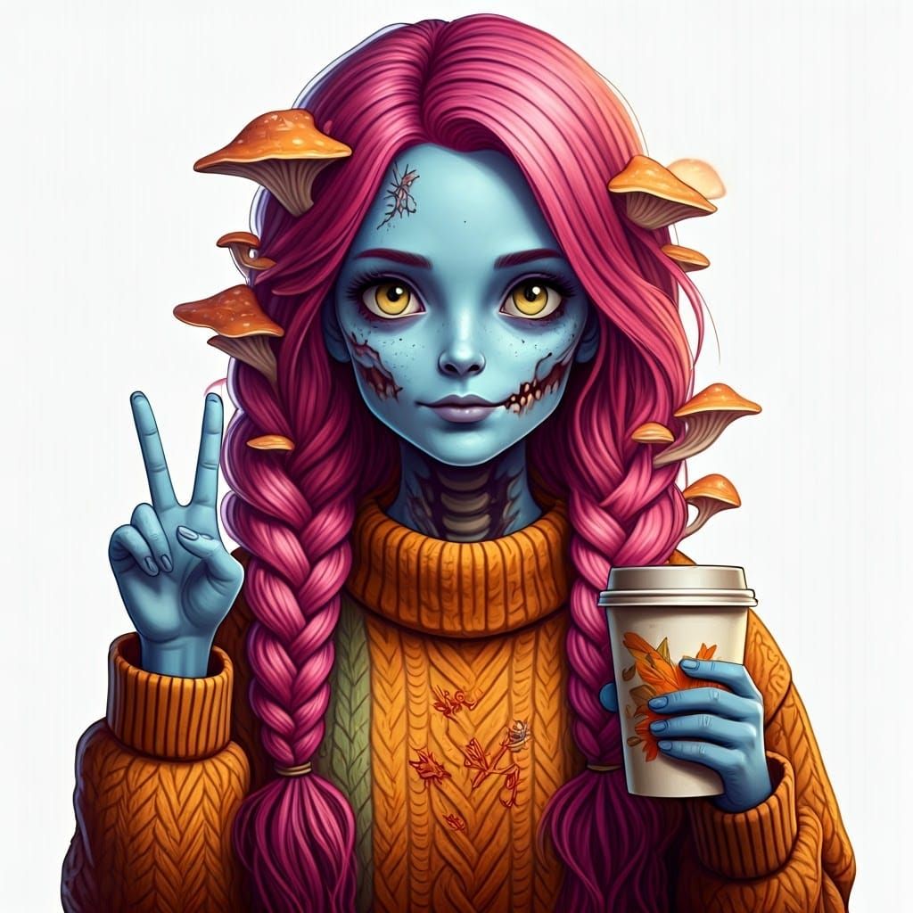 Cute Zombie Woman with Autumn Coffee, Digital Illustration