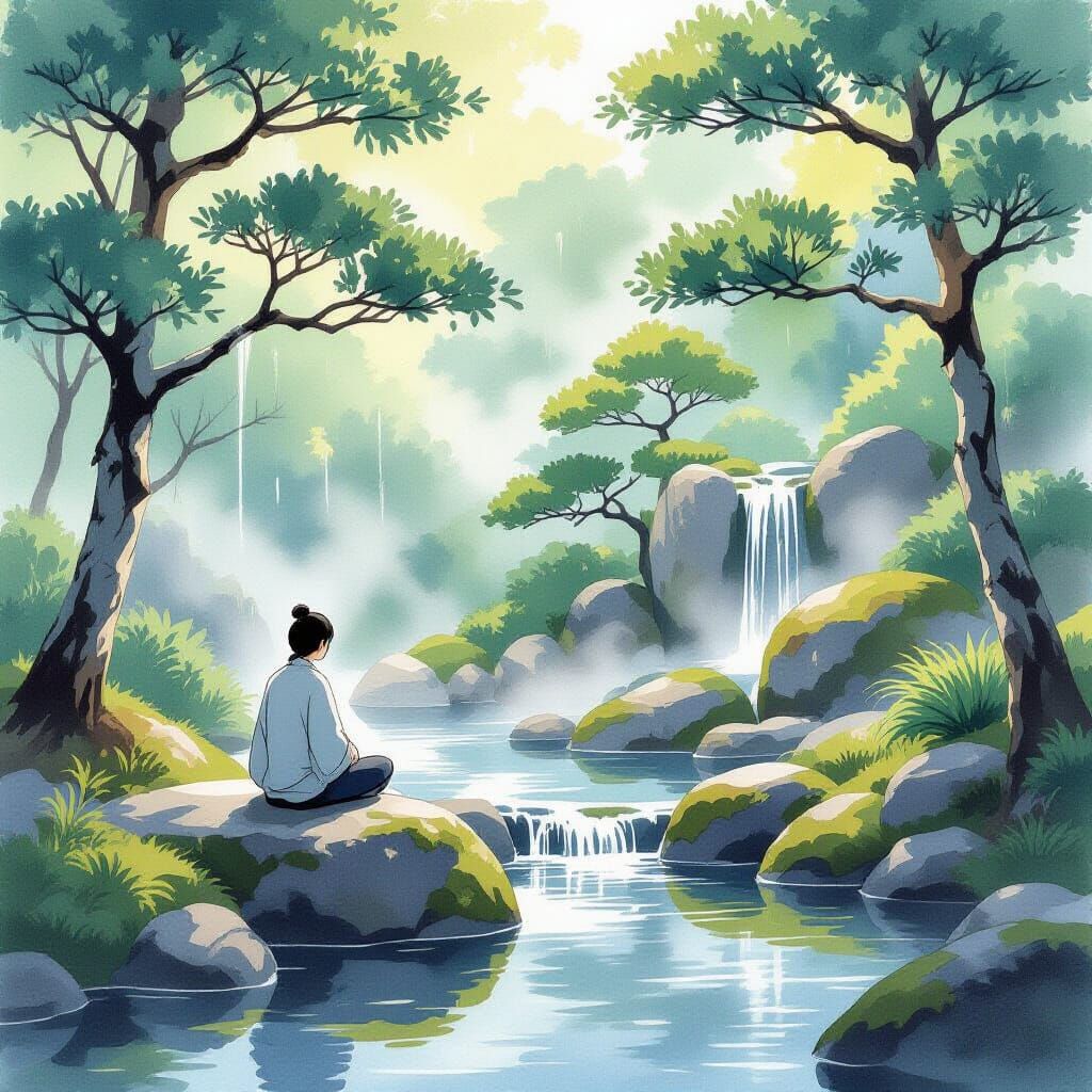 Serene Japanese Garden with Figure on Mossy Bench