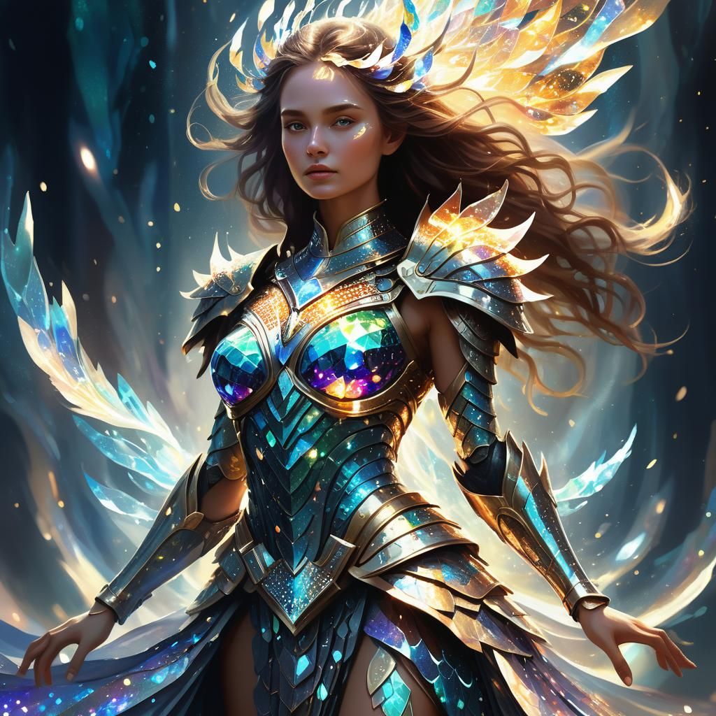 Divine Goddess in Iridescent Armor Shines with Celestial Lig...