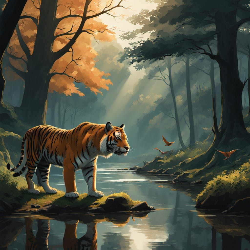 Tiger's Serene Dawn Awakening in a Vibrant Forest