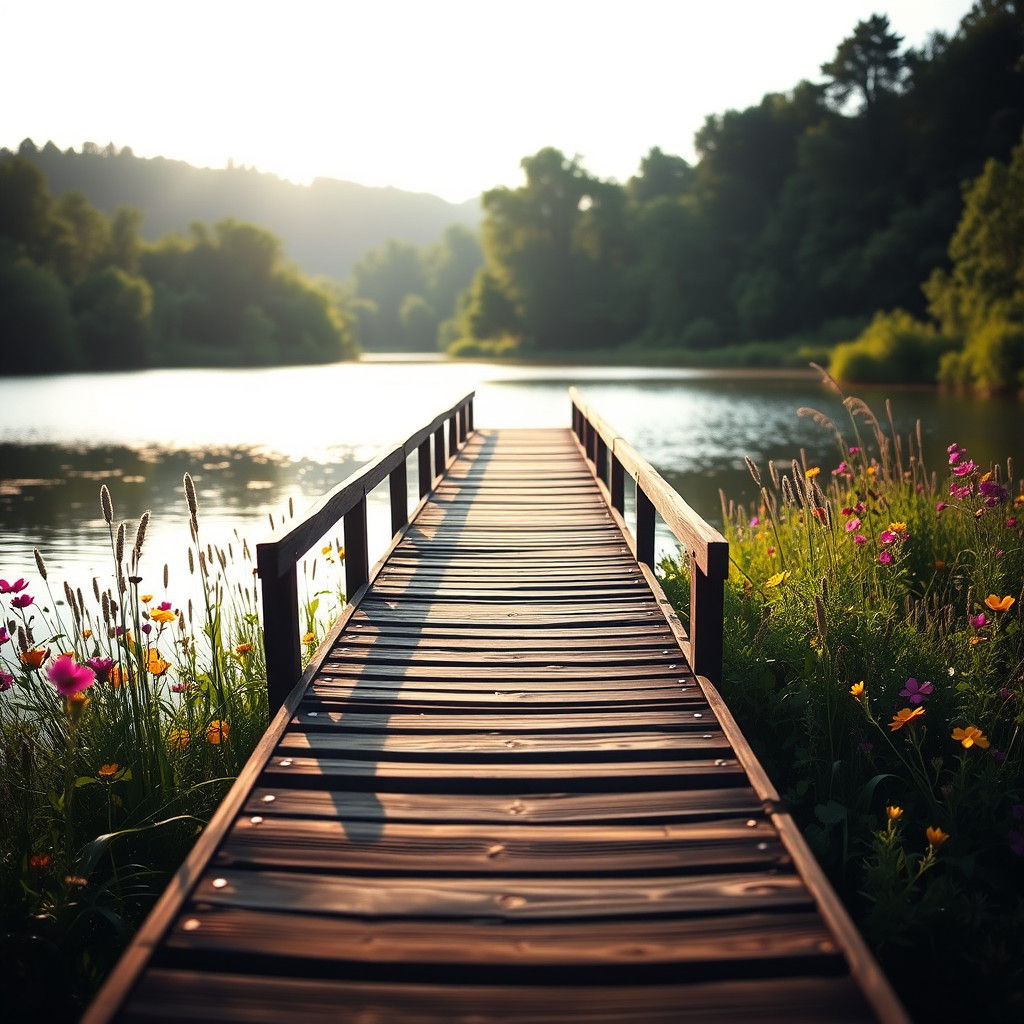 Tranquil Wooden Bridge Over Lake in Golden Sunlight