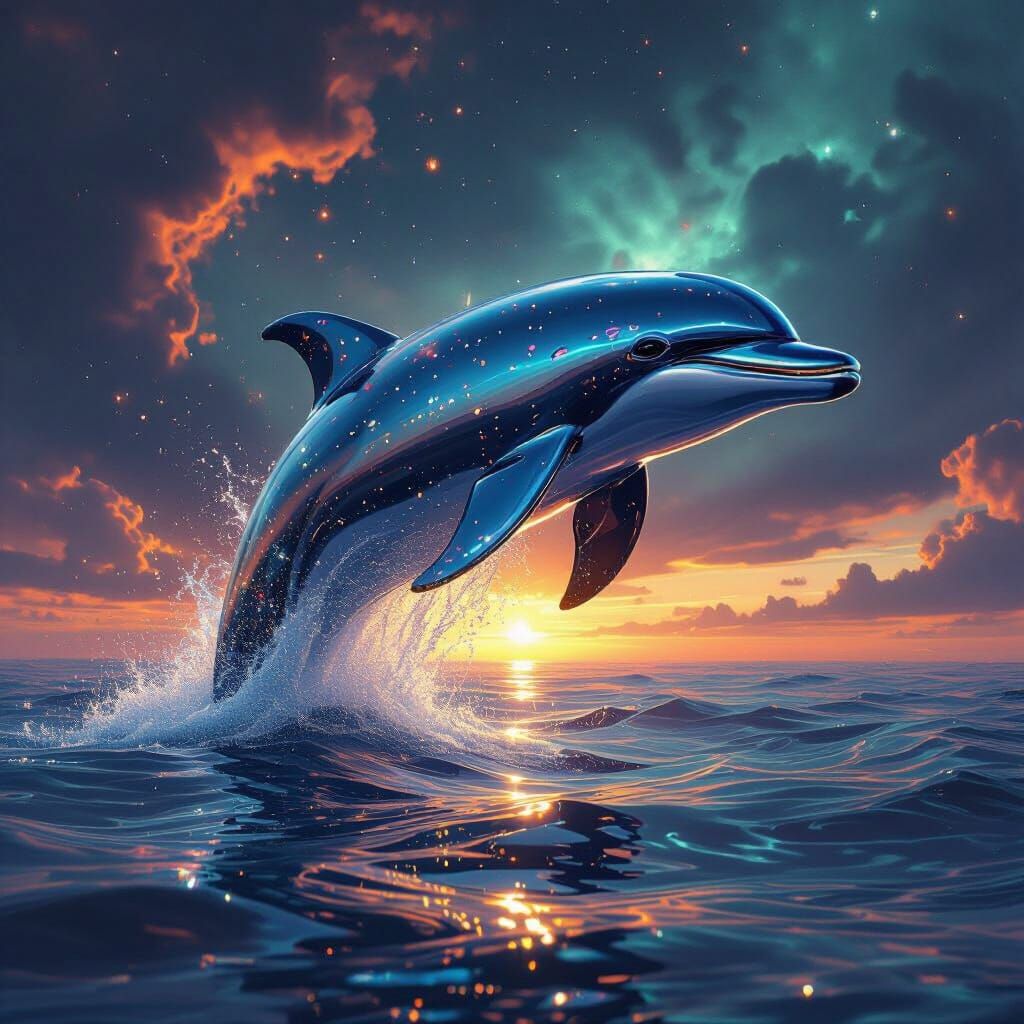 Chrome Dolphin Rises from Mercury Ocean in Cosmic Sci-Fi Sce...