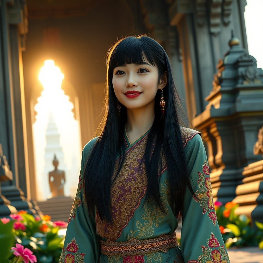 Serene Thai Woman in Majestic Buddhist Temple