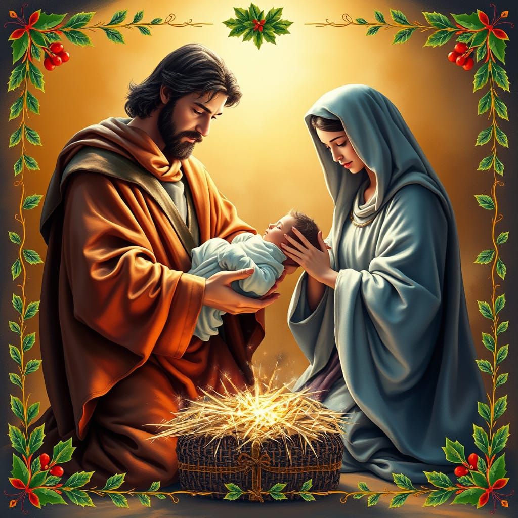 Ethereal Nativity Scene with Saint Joseph and Virgin Mary in...