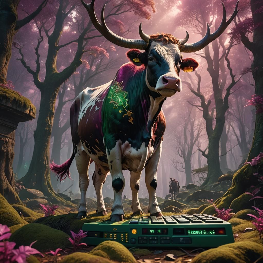 Mystical Cow on Calculator in Ancient Forest