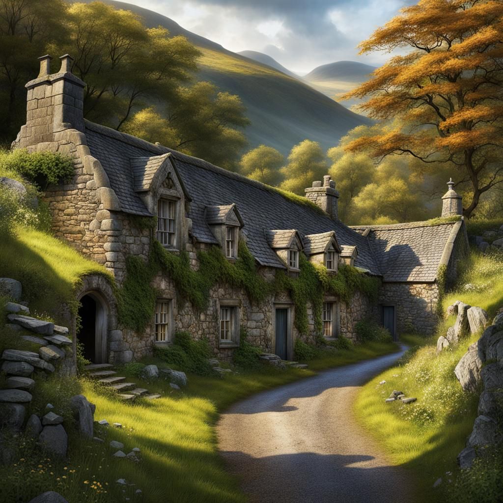 Ancient Village in the scottish highland country of old stone houses, barns, and buildings, abandoned, derelict, overgro...