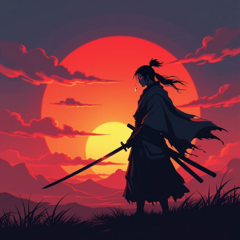 Samurai Warrior at Fiery Sunset in Anime Style