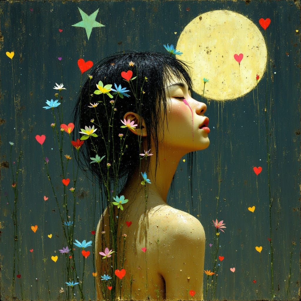 Woman Crying Amidst Moonbows and Shadows, Visceral Art Style