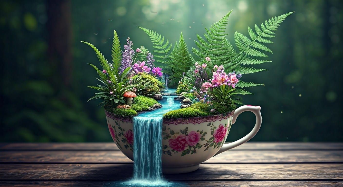 Magical Fairy Garden Teacup Ecosystem in HDR