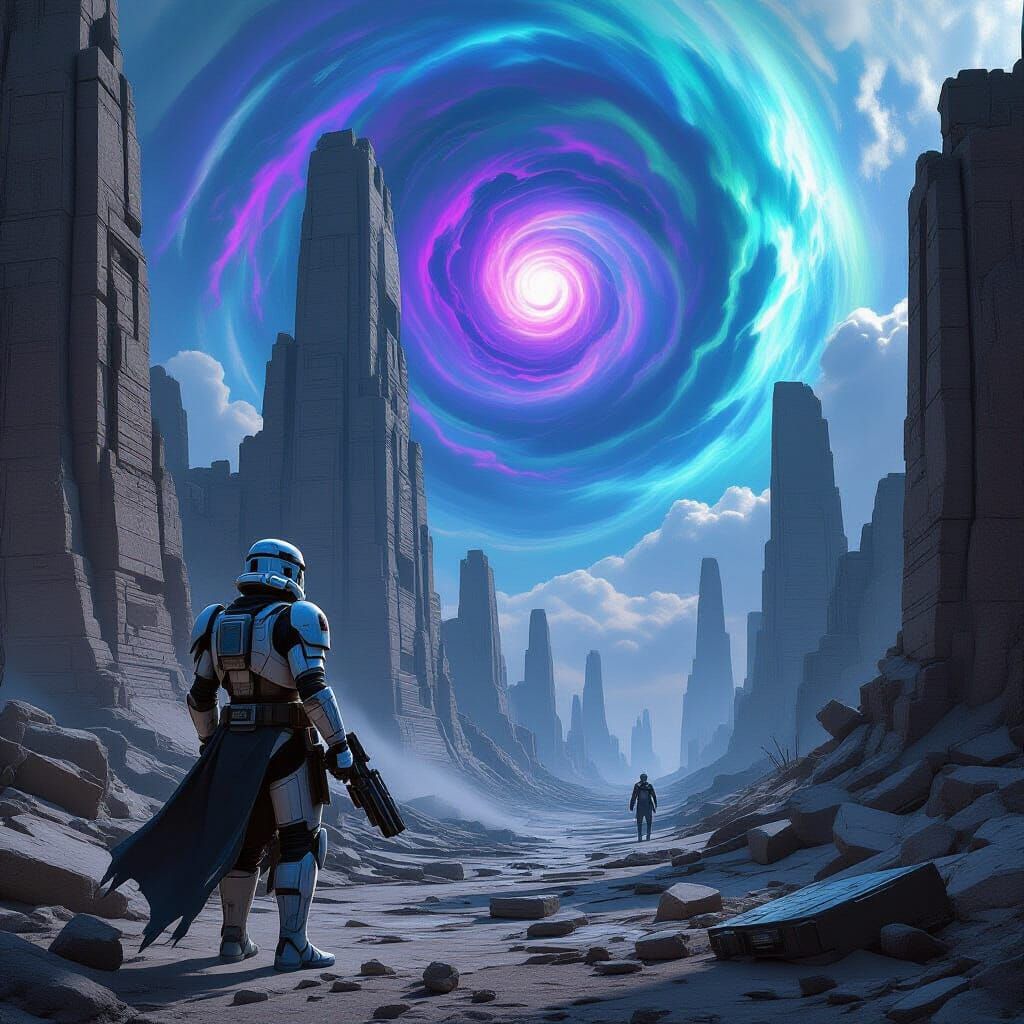 Clone Trooper in Dystopian Alien City Ruins