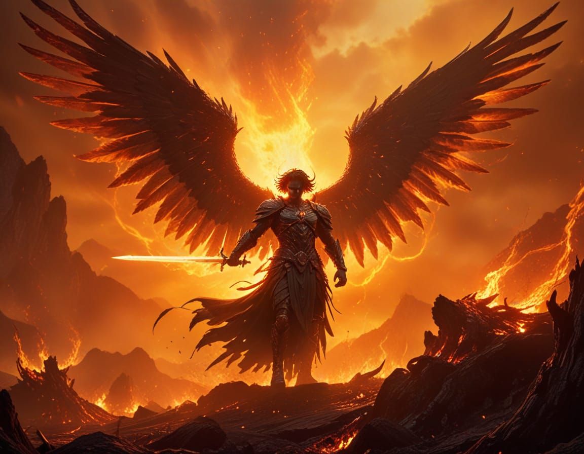 Archangel Battling Demons in Gothic Landscape