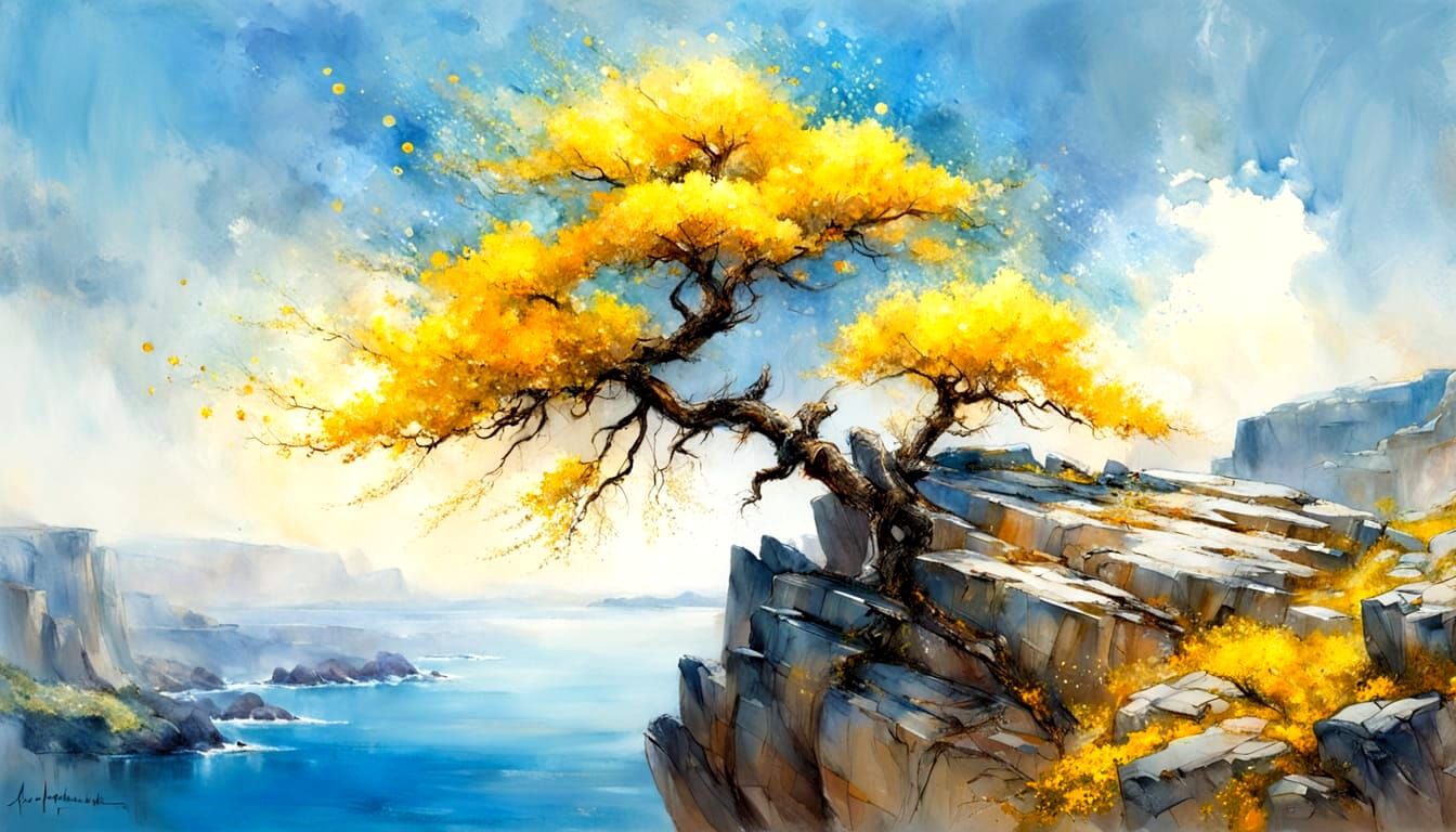 Yellow Blossoming Tree Oil and Watercolor Painting