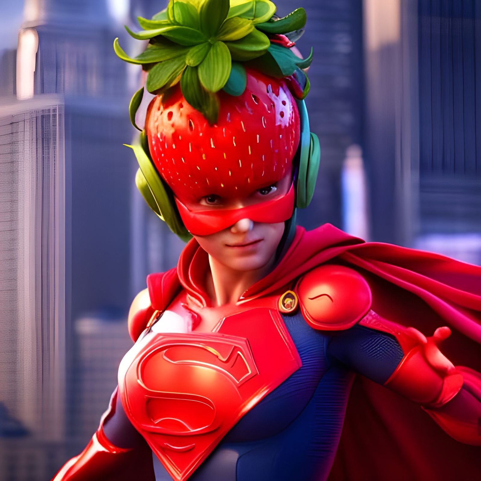 Strawberry Superhero Flies Over the City