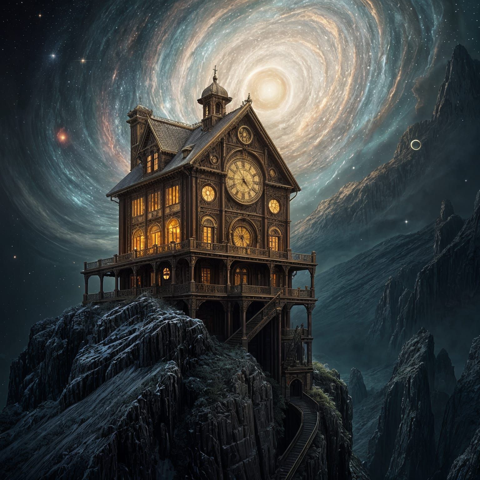 Ornate Brass House on Nebula Cliff in Vintage Sci-Fi Style