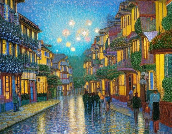 Art Nouveau Street Scene with Arabesque Houses