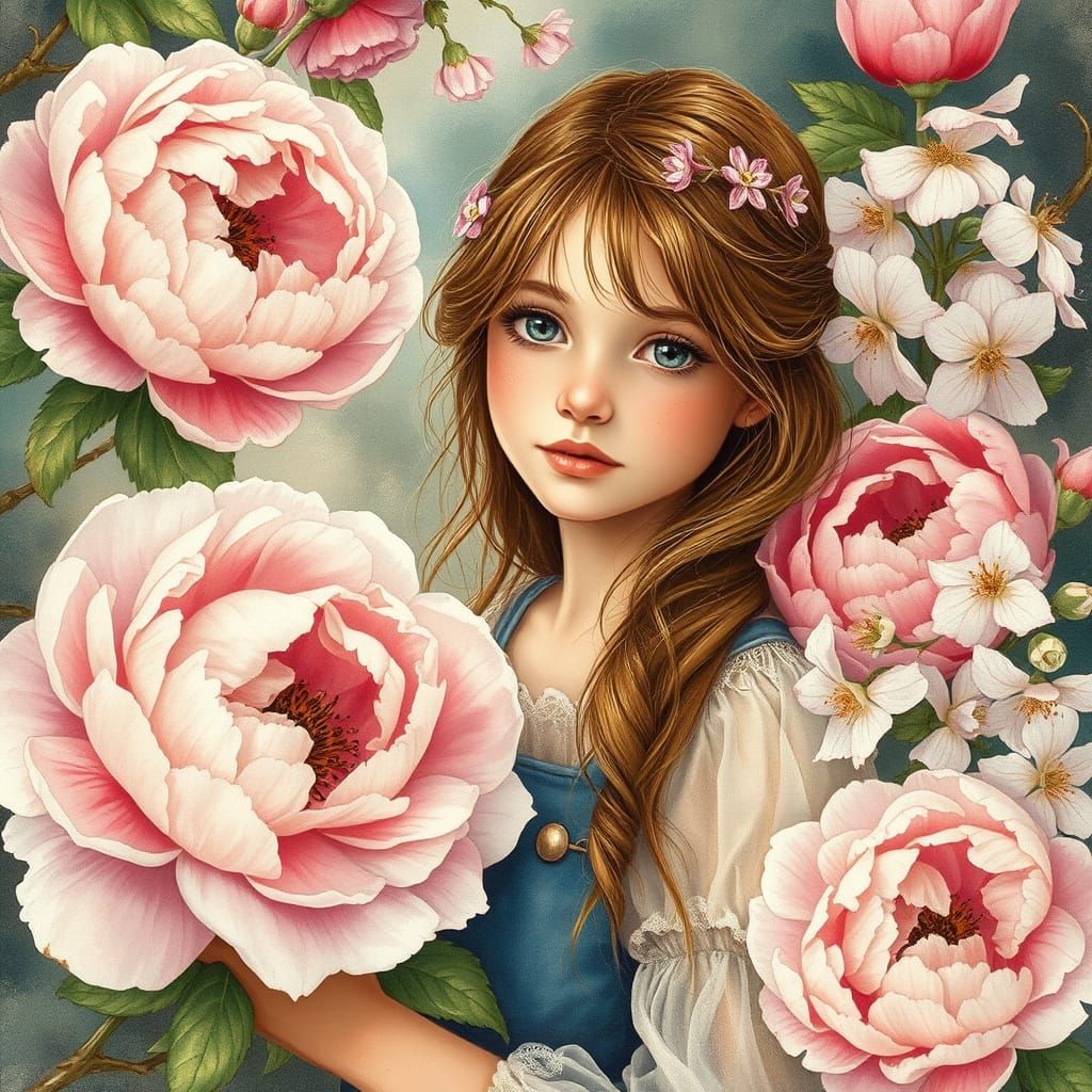 Scottish Girl Surrounded by Peonies in Watercolor Style