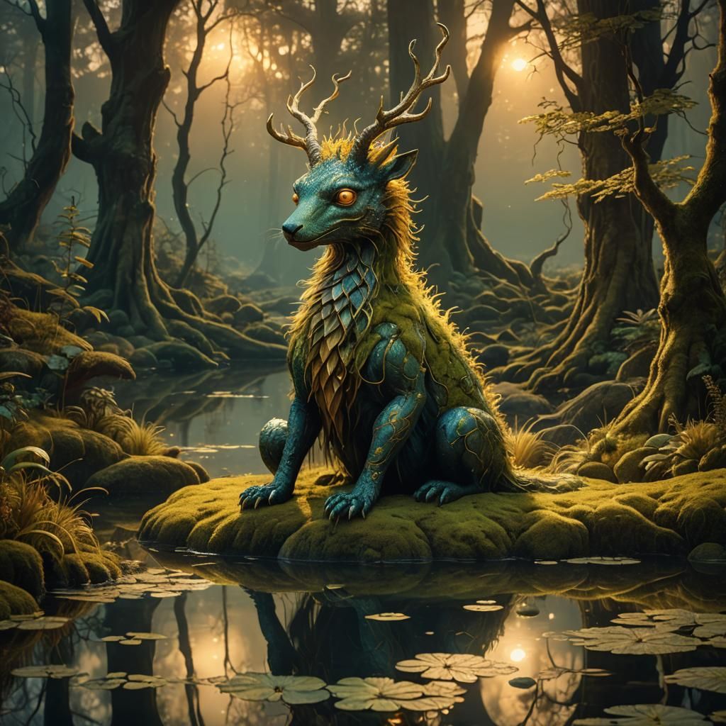 A mythical creature sitting next to a pond , a surrealist pa...