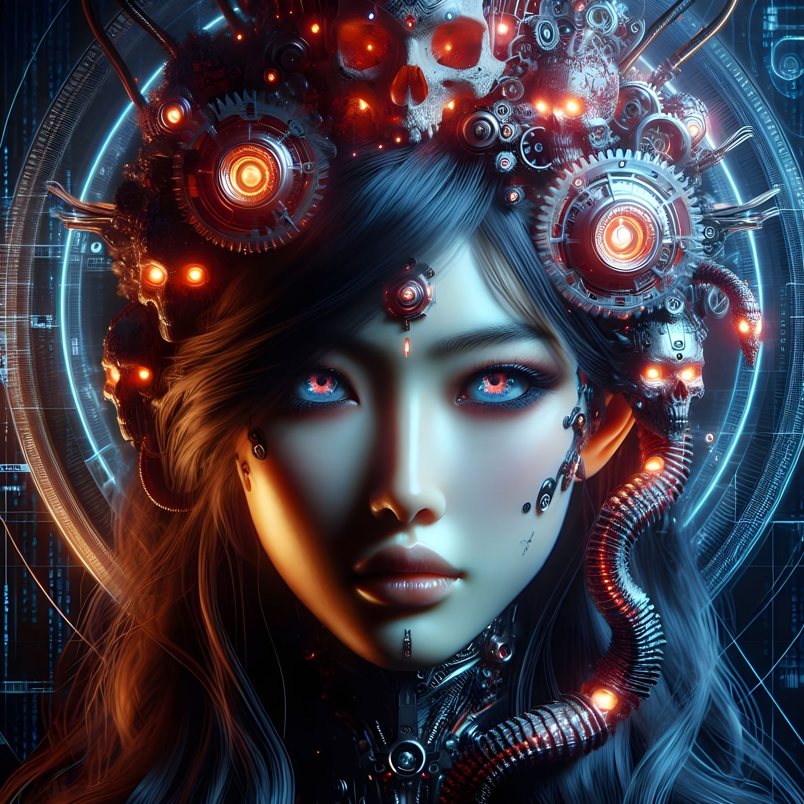Futuristic Portrait with Biomechanical Headpiece in Cyberpun...