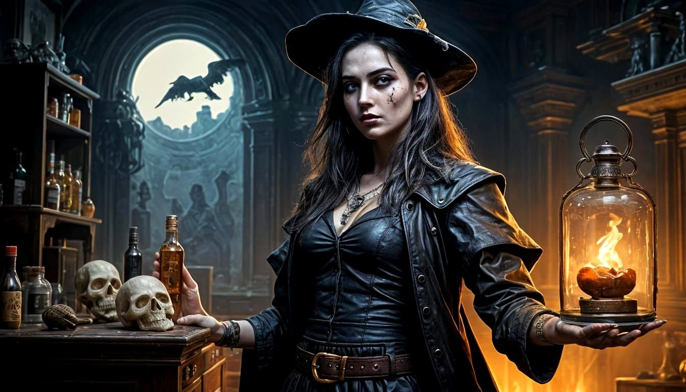 Beautiful Witch Oil Painting with Skull Handbag