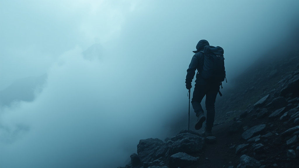 Lone Hiker in Fog: Cinematic Landscape