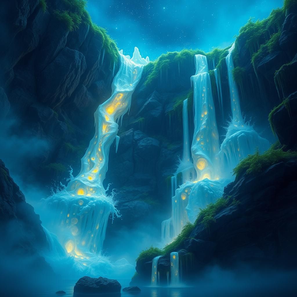 Iridescent Goo Cascades into Sapphire Void