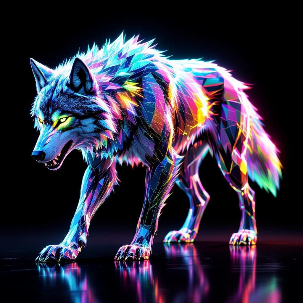 Majestic Rainbow Glass Wolf in Fractal Art Style