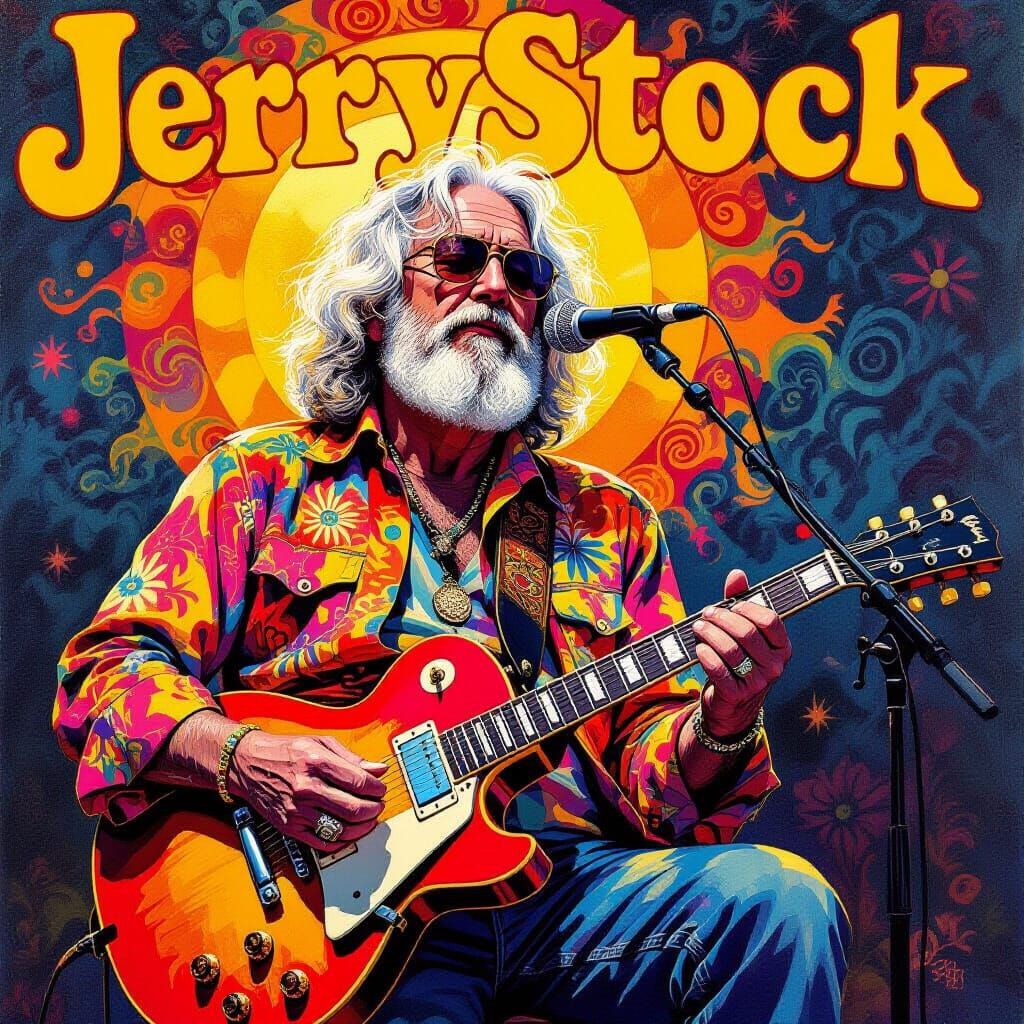 Jerry Garcia at Woodstock in Psychedelic Gouache Style