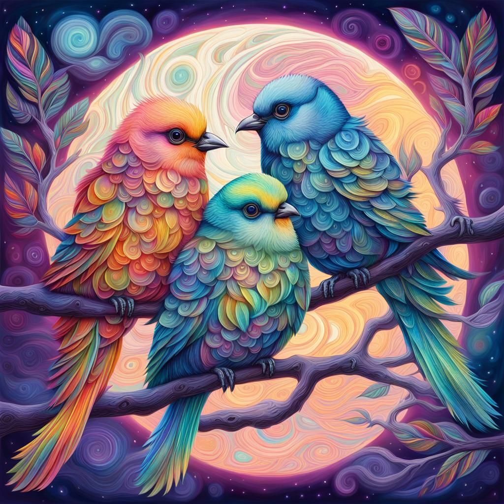 Colorful Birds on Branch in Astral Illustration