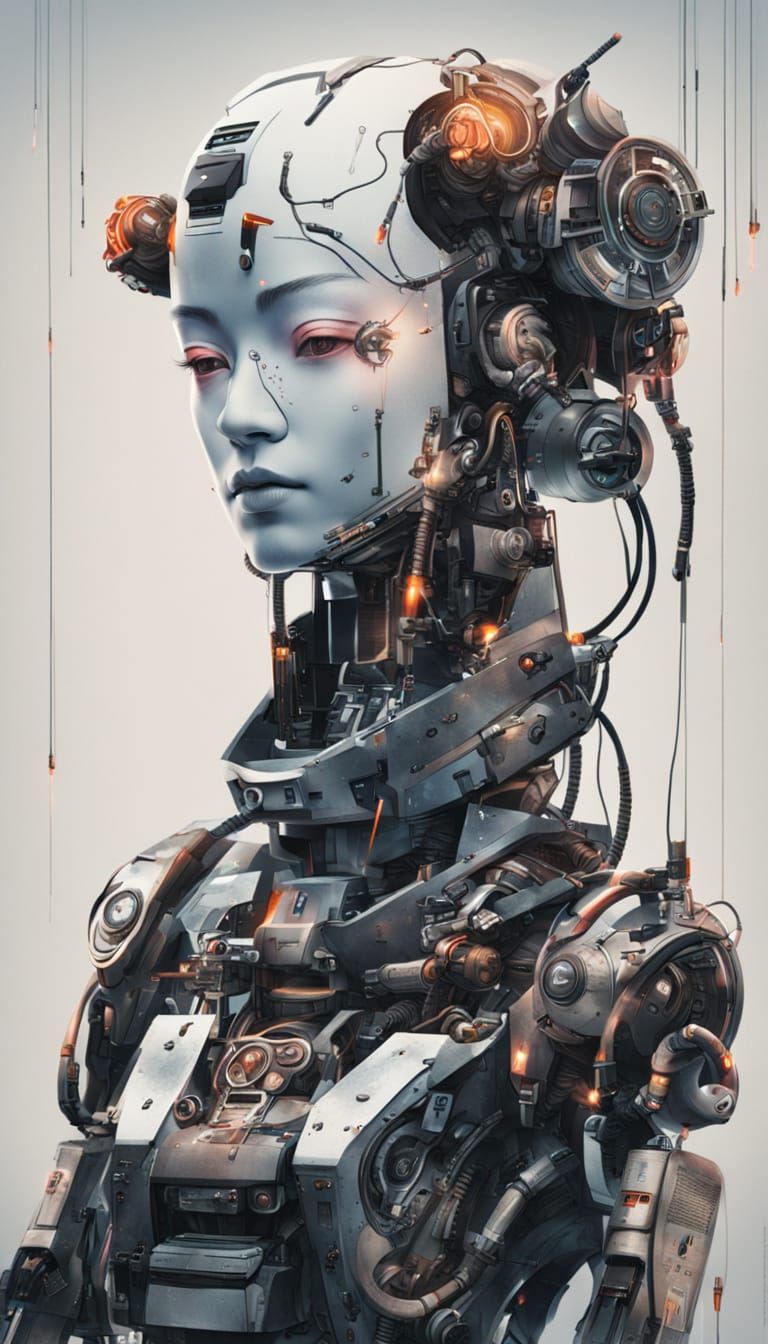 Robotic Geisha Portrait with Cyberpunk Hi-Tech Machinery
