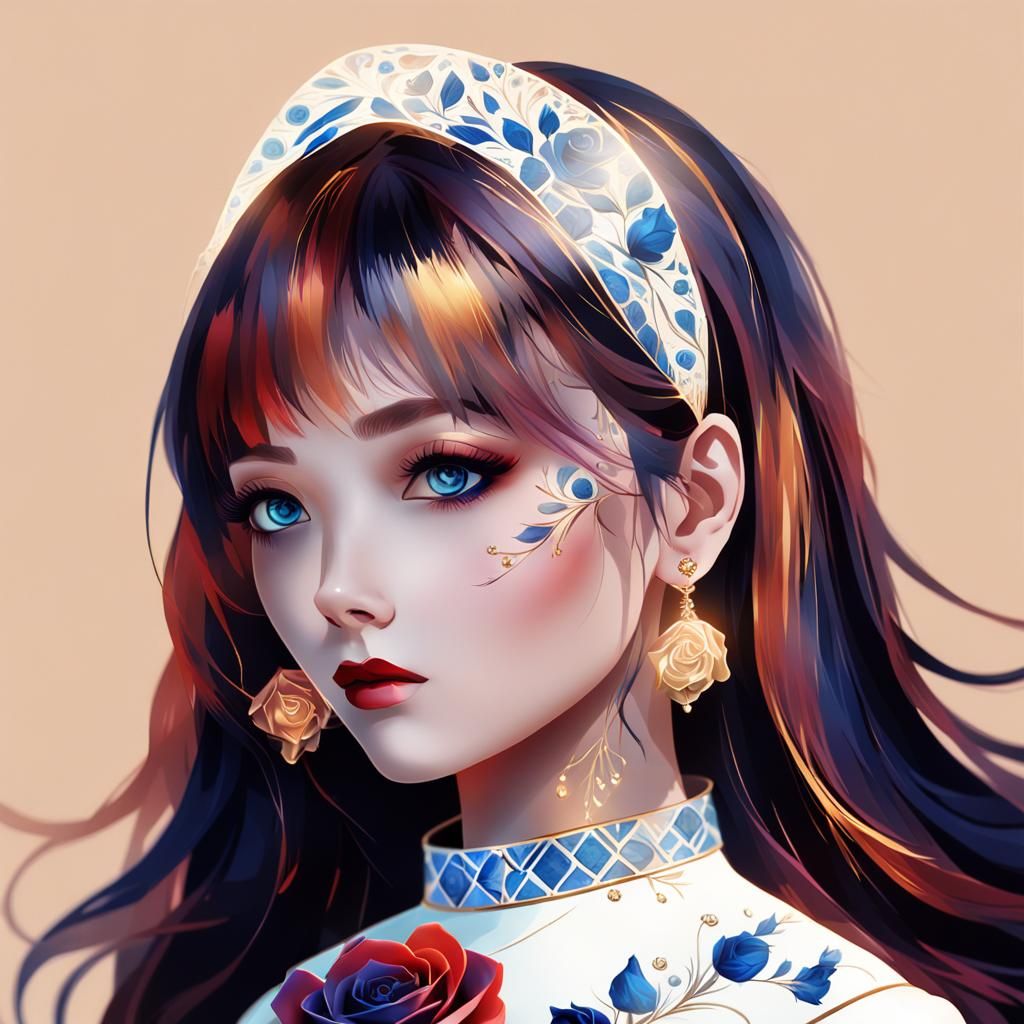 Navy Haired Woman Arranging Roses: Floral Still Life