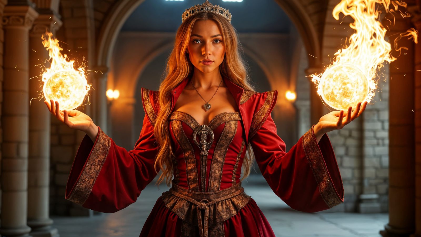 Sorceress Conjures Fireballs in Medieval Hall