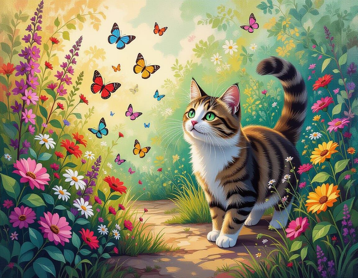 Cat Chasing Butterflies: Aquarelle Pointillism Garden Scene