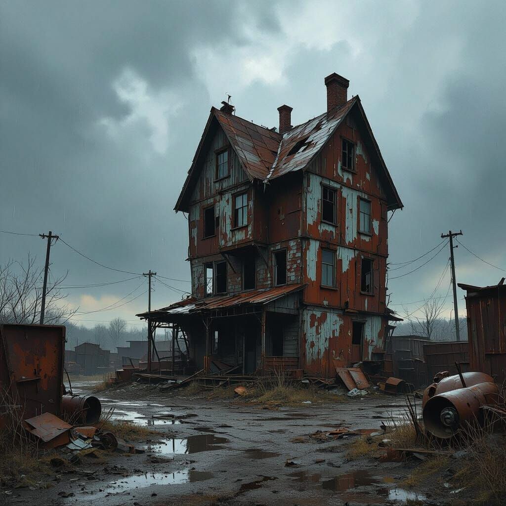 Dilapidated Three-Story House in Scrap Yard Under Stormy Sky