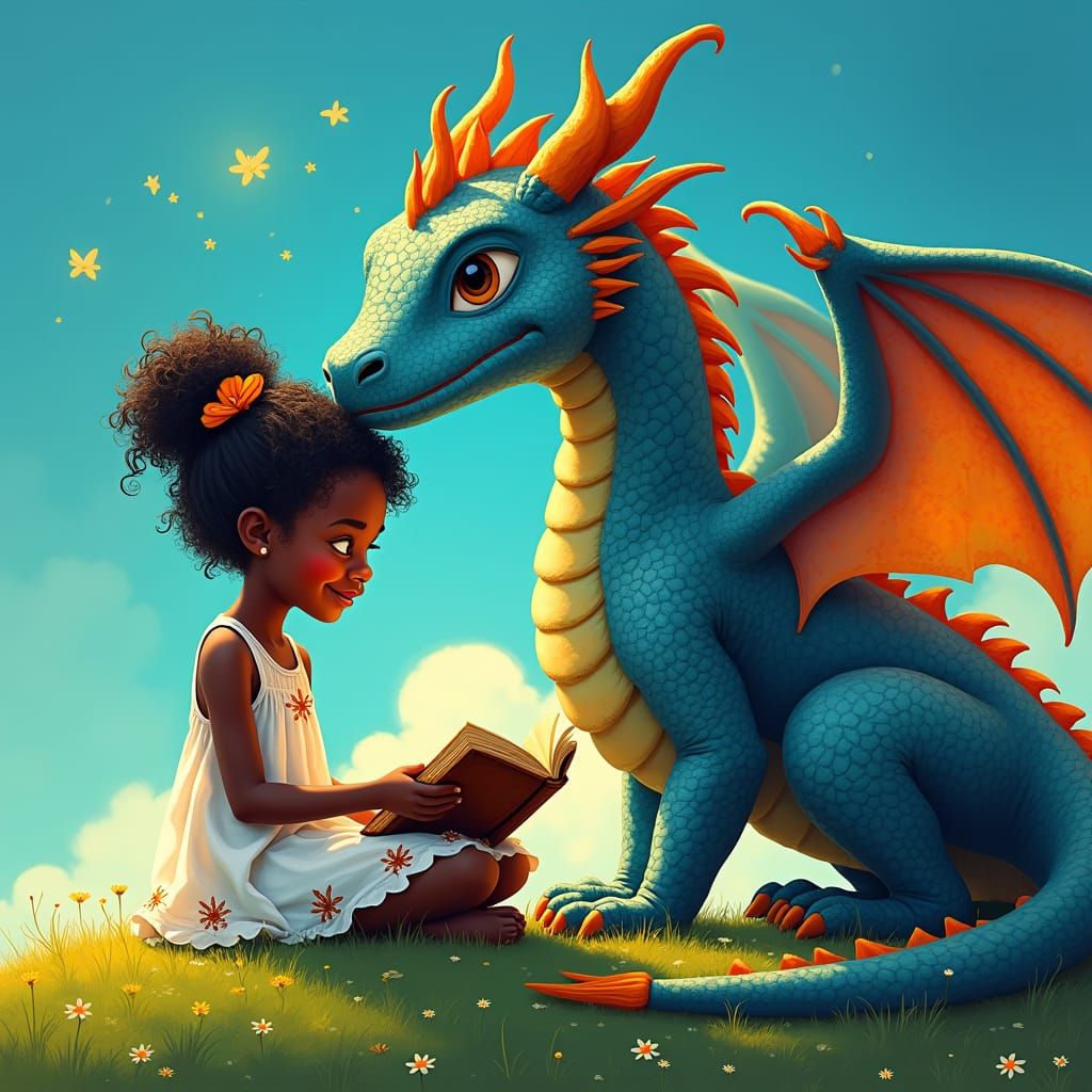 Girl Reads to Dragon in Dreamscape Style
