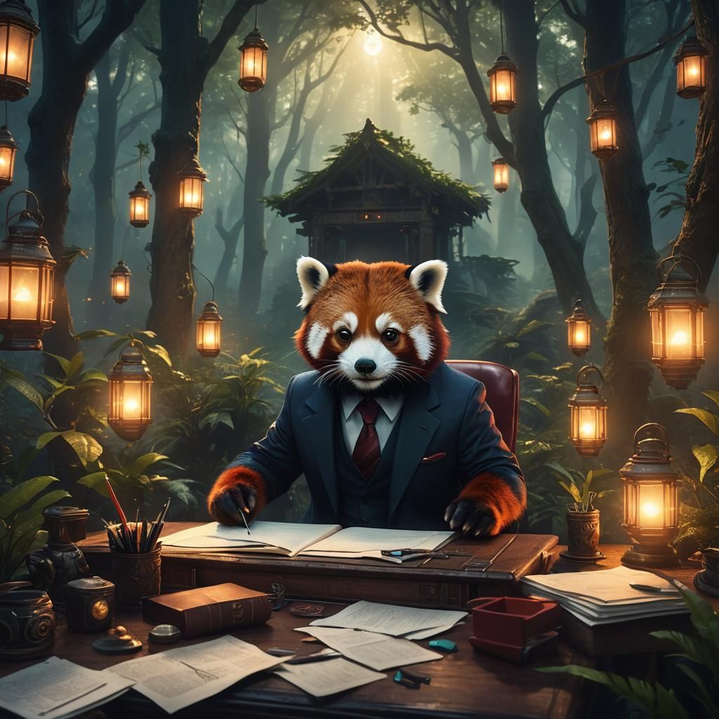 Business Red Panda in Mystical Forest Concept Art