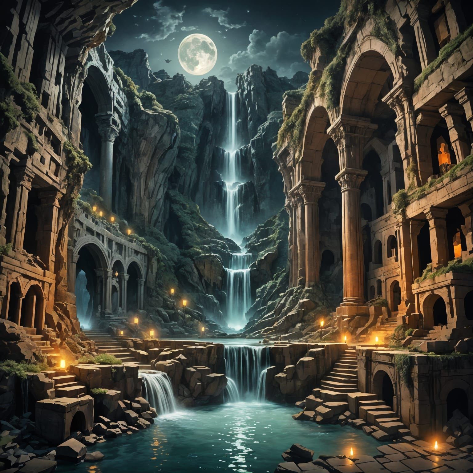 Surreal Catacomb Between Waterfalls in Moonlight
