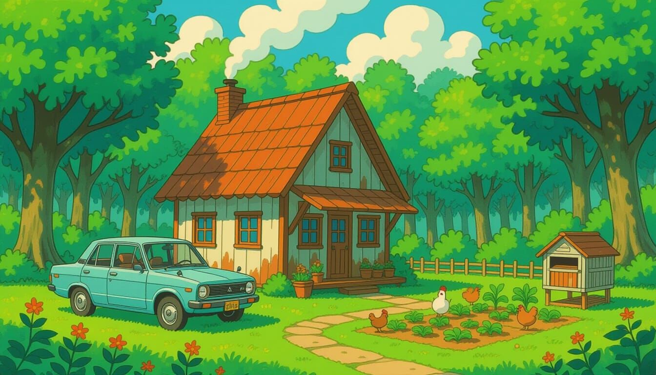 Cozy Home in Forest Clearing, Whimsical Art Style