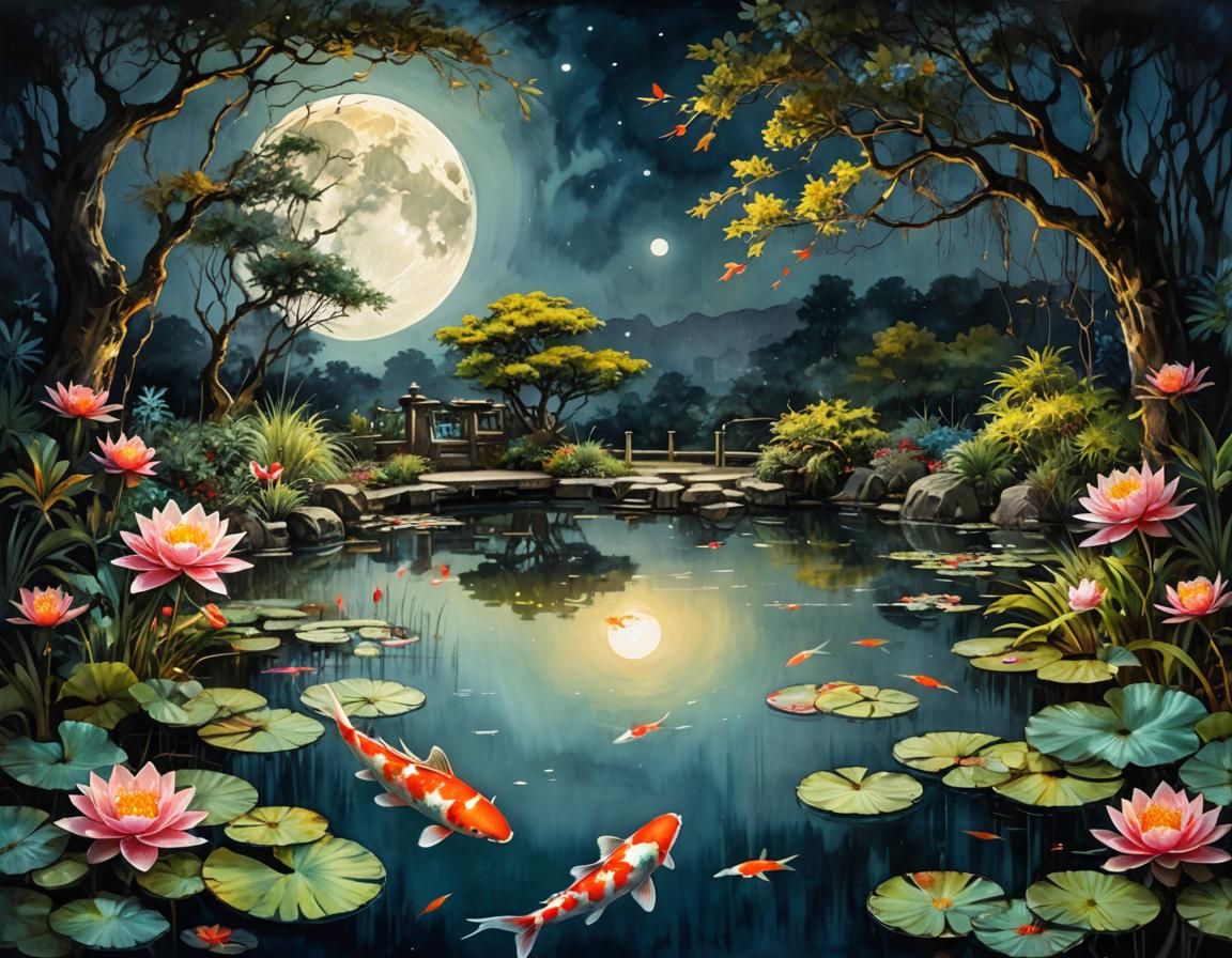 Moonlit Koi Pond: Nighttime Impasto Watercolor Painting